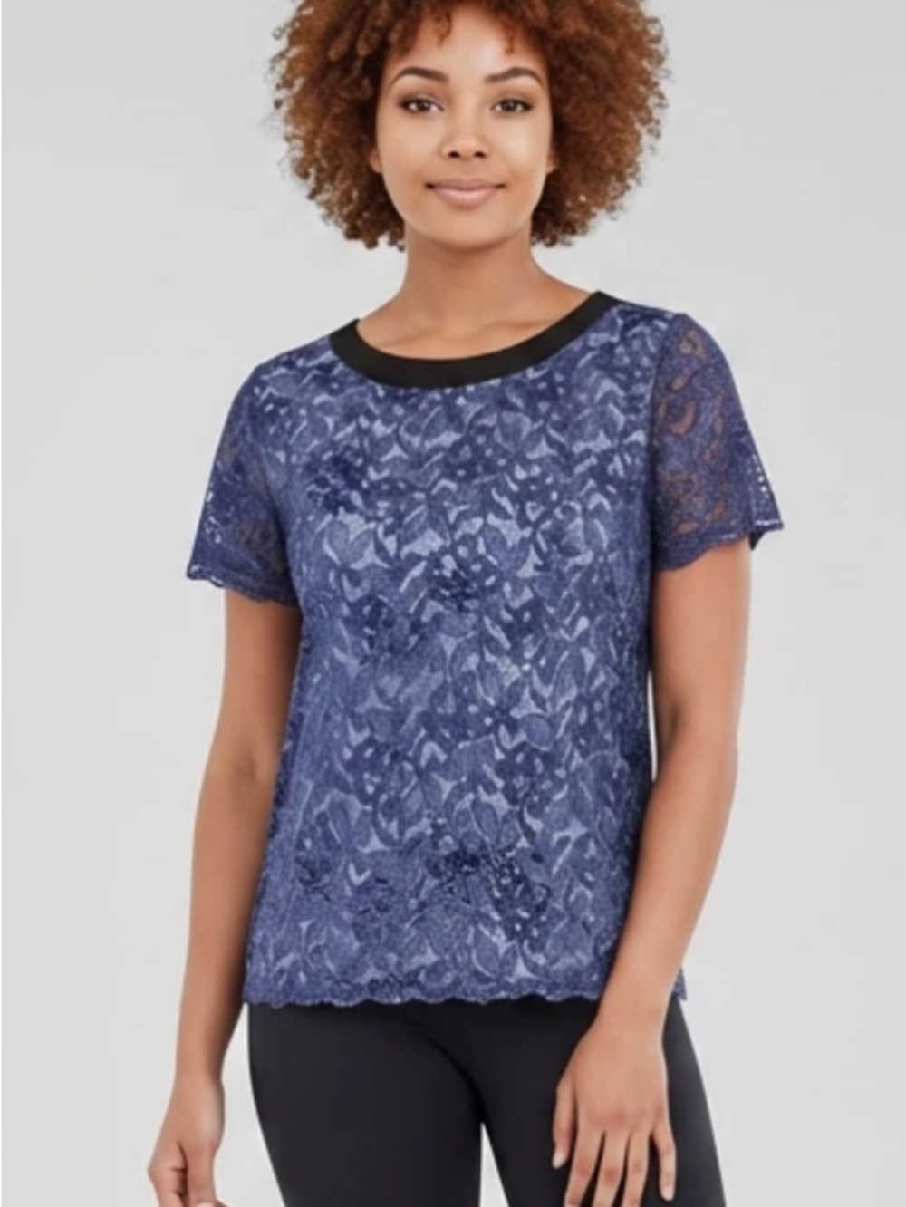 Express Navy Lace Short Sleeve Tee with Black Neckline